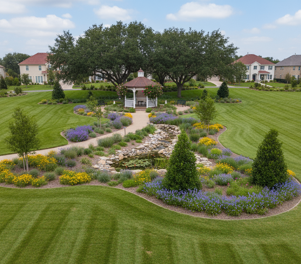 Landscape maintenance crew mowing lawn at Windrush community.